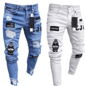 New Men's Knee Hole Zipper Small Foot Hole New Men's Motorcycle Pants Zipper Jeans