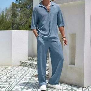 King Mcgreen Star Men Summer Fashion Loose Suit Solid Half Sleeved T-shirt Pants Water Wave Wrinkles Two-piece Set Male Outfits