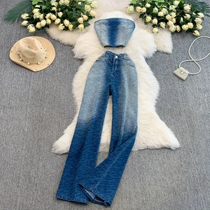 Wholesale 2026 summer new fashion elegant retro tube top denim vest temperament high waist straight pants women's suit