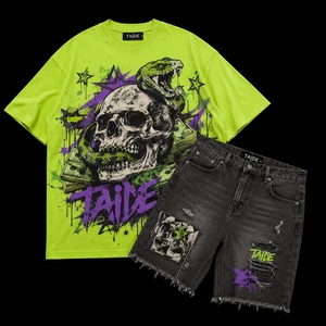 TaiDe BSCI Certified Neon Graphic Tee Denim Shorts Set 480GSM Skull Snake Gothic Print Custom Logo OEM ODM Wholesale Men