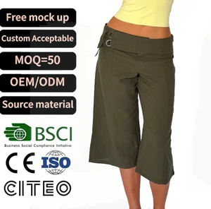 Custom Women Olive Green High Waist Capri Pants With Belt Buckle Detail Wide Leg Cropped Trousers Casual Chic