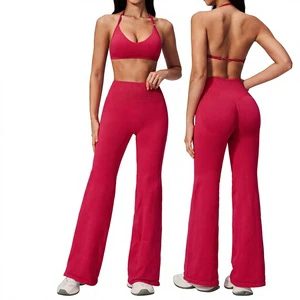 Seamless High Waist Print/Solid Yoga Suit 6-Piece Flared Pants Leggings Women Slim Back Outdoor Sports Quick-Drying Running 2557