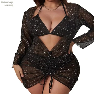 Online Bulk Order Plus Size Swimsuits Bathing Suits Rhinestone Sparkle Swimwear 3 Piece Bikini Set Swimsuit With Mesh Cover Ups