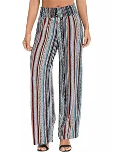 Women's Casual Straight Leg Boho Yoga Pants Elastic High Waist Pockets Women's Long Pants Striped Pattern Elastic Waistband
