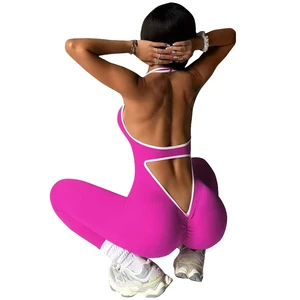 Wholesale Women's Sports Jumpsuit Stretchy Hollow Scrunch Back Color Contrast