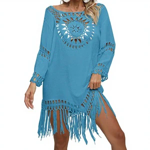 European Vacation Long Sleeve Beach Tassel Sunscreen Cover-Up Dress Hand-Crocheted Solid Bikini 1-Piece Front Beachwear Digital