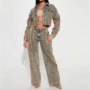 High Quality Women Denim Suit Street Crop Distressed Jacket Top Low Rise Wide Leg Jeans Acid Wash Faded Vintage Denim Women Set