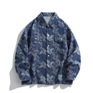 Men's Denim Jacket Herringbone Pattern Long Sleeve Button Front Casual Workwear Spring Fall Outerwear