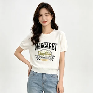 Korean Style Casual Women Knit Top, Round Neck Short Sleeve With Daisy Print, Knit T Shirt, Accept Custom & Custom Made Samples