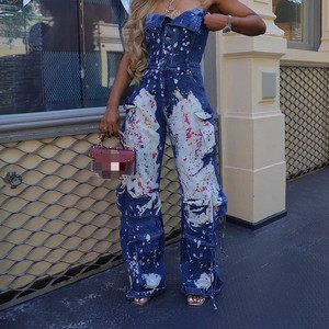 Women's Stretch Strapless Overalls with Splatter-Print Denim Jumpsuit Fashion