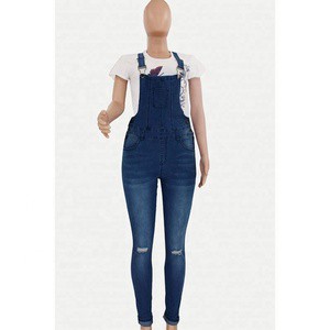 Hot Sale Fashion Denim Overalls Women Casual Daily Jumpsuit Solid Holes Straps Tight Calf Jeans
