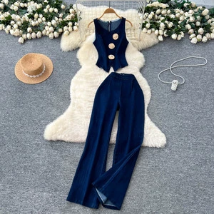2026 model women's denim suit - two-piece pants set with zipper design