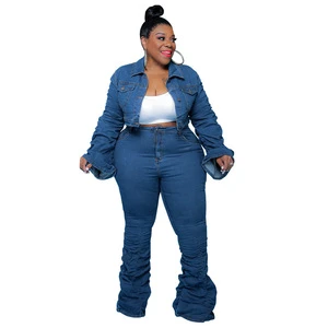 Plus Size Women Two Piece Sets Ruched Sleeves and Jeans New Design 2 Piece Women Denim Sets