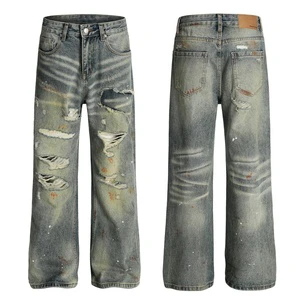 Vintage Washed Baggy Denim Pants Fashion Ripped Holes Streetwear High Waist Loose Trousers Male Distressed Jeans Men Women