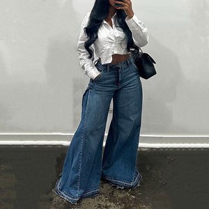 2026 Custom OEM Women Blue Washed Flare Jeans Factory Wide Leg Denim Pants Private Label Regular Fit Floor-Length Trousers ODM