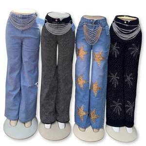 Women's Casual Summer Loose Fit Wide-Leg Denim Jeans Mid Waist Full-Length Stock Wholesale Mixed Styles Reference Only
