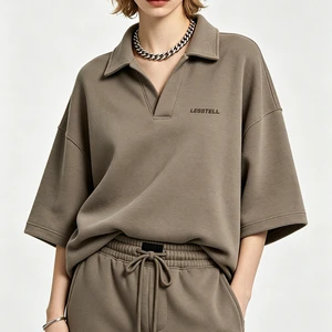LTD-H1112 Oversized Polo Collar Pullover Short Sleeve Sweatshirt Open Placket Top Private Label Apparel