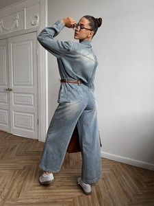 Vintage Long Sleeve Denim Jumpsuit Women Elegant Turn Down Collar Button up One Piece Romper Wide Leg Jeans Overalls