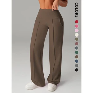 New High Waist Straight Leg Yoga Pants Women Pintuck Sports Trousers Slim Fit Casual Outdoor Gym Pants with Pockets