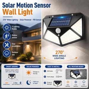 100 LED Solar Wall Light PIR Motion Sensor 3 Lighting Modes 270 Degree Wide Angle IP65 Outdoor Security Lamp Garden Patio Garage