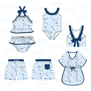 Kids Custom Sailboat Printing Swimsuits Baby Girls Boys Summer Beach Clothes Matching Boutique Bikini Swim Wear