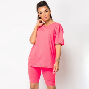 Women's Summer Plus Size Short Sleeve Solid T-Shirt & Knee Drawstring Biker Shorts Patches New Design Two-Piece Set 100% Cotton