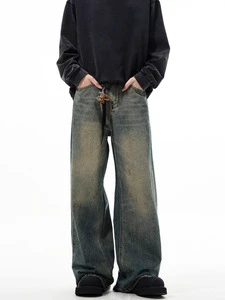 Vintage Washed Windproof Loose Wide-Leg Denim Jeans Mid Waist Casual Streetwear Autumn Bottoms for Trendy Comfortable Daily Wear
