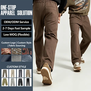 Coffee Brown Relaxed Fit Men's Trousers Straight Leg Casual Pants Zipper Fly Mid Waist Nylon/Cotton Embroidered Urban Streetwear