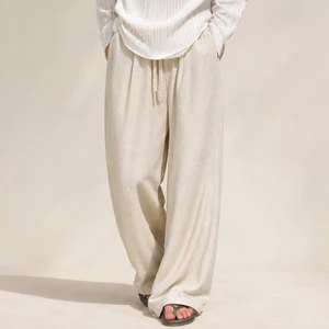 Mens Linen Wide Leg Pants Drawstring Baggy Loose Beach Vacation Trousers Custom OEM
