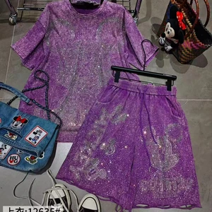 Women's Casual Summer Denim Beaded Diamond-Studded Short-Sleeved Top Pants Set