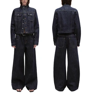 Custom Selvedge Denim Sexy Y2K Summer Two-Piece Suit for Women Vintage Boomer Jacket & Wide-Leg Pants with Crop Top