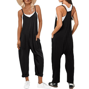 Casual Women's Spaghetti Strap Jumpsuits Black V Neck Loose Harem Overalls With Big Pockets Rolled Hem
