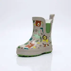 Toddler Rubber Chelsea Rain Boots Cute Safari Wildlife Plant Print Green Elastic Side Panel Waterproof Non Slip Ankle Wellies