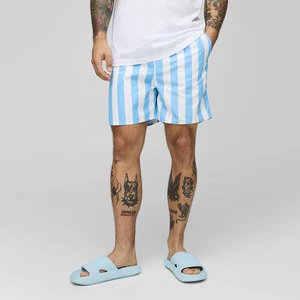 Men s Wide Stripe Print Mid Length Swim Shorts Quick Dry Beach Trunks Elastic Waist Comfortable Swimwear for Summer Holiday