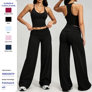 Women Halter Neck Racerback Solid Crop Tank Top High Waist Wide Leg Pants Set Breathable Moisture Wicking Front Logo Low MOQ