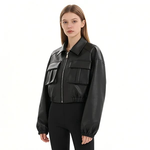 Women's Leather Jacket Workwear Pocket Zipper Casual Leather Jacket Customizable Size and Color