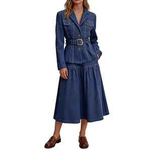 Women's 2-Piece Denim Suit Belted Lapel Blazer & High Waist Flowy Maxi Skirt Set Sehe Fashion