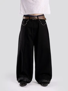 High Quality Custom Black Wash Rivets Print Selvedge Denim Jeans Wide Leg Fit Streetwear Hiphop OEM ODM Cotton Men's Denim Jeans