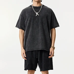 Mens Cotton T Shirt Shorts Set Crew Neck Drop Shoulder Short Sleeve Loose Streetwear Summer Gym Casual Vintage Outfit