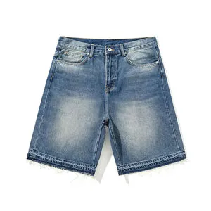 Men's Straight Leg Denim Shorts Mid Waist Stonewashed Cotton Casual Summer Shorts Raw Edge Pockets