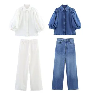 New Arrival Spring 2026 Women's Suits Fashion Denim Shirt with Puffy Sleeves Turn-down Collar High Waist Pants Set