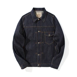 Original Red Selvedge Denim Work Jacket for Man American Casual Style Dark Blue Vintage Slim Thick Jean Jacket Japanese Vintage