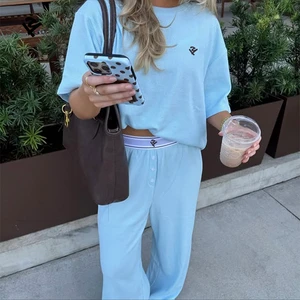 Custom Digital Printing Tracksuit Knitted Jogging Suits Custom Sweatsuit Waffle 2 Piece Short Sleeve Shirt and Loose Pants Set