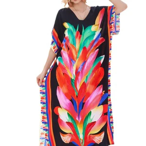 2025 Loose Vacation Robe Beach Cover-Up Rayon with Positioning Print Sun Protection Bikini Cover-Up Shirt Dresses
