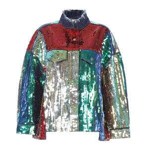 Women's Sequins Ripped Casual Denim Jacket Breathable Embroidered Patchwork Pattern with Zipper Closure for Winter Season