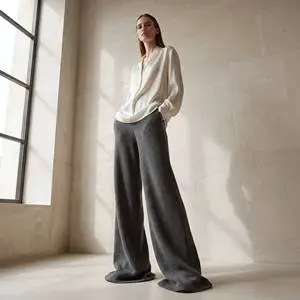 Tall Ribbed Knit Pants Women Extra Long 36 Inseam High Waisted Wide Leg Knitted Trousers OEM Custom Wholesale