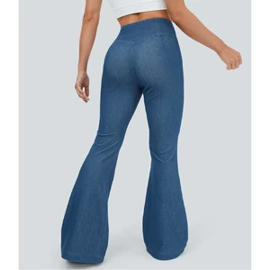 Custom Women’s Straight Flare High Waist Jeans Slim Wide Leg Denim Pants Washed Perforated Design