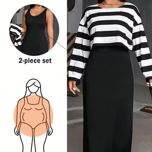 Hot Sales Plus Size Women's Casual Style Two-pieces Suit Spring Summer Loose Fit Above Stripe Top & Maxi Dress