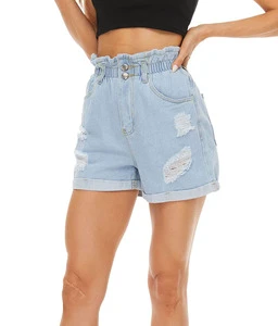 Women's High Waisted Distressed Jeans Shorts Frayed Hem Folded Vintage Denim Shorts for Summer Casual Wear Stretchy