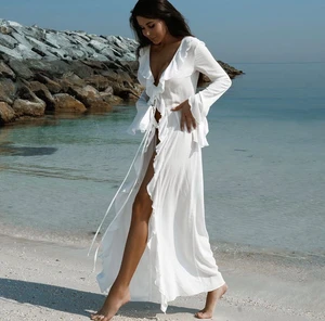 New Long Sleeve Lace Cardigan Beach Bikini Sun protection Cover up Dress